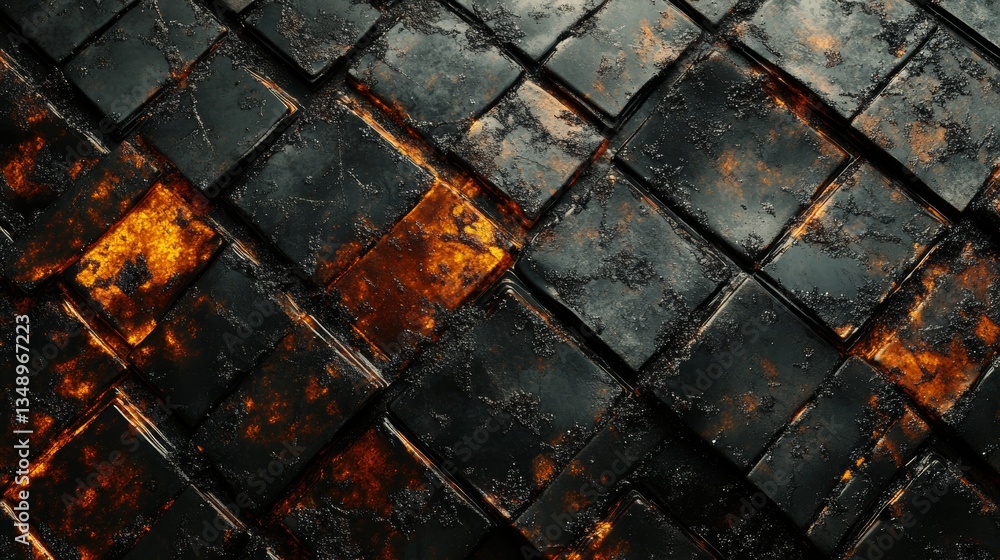 Poster abstract dark tile pattern with glowing fiery seams suggestive of lava flow