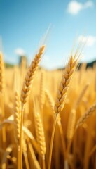 Fototapeta premium Softly swaying golden wheat stalks in the summer breeze, sunshine, rippling waves