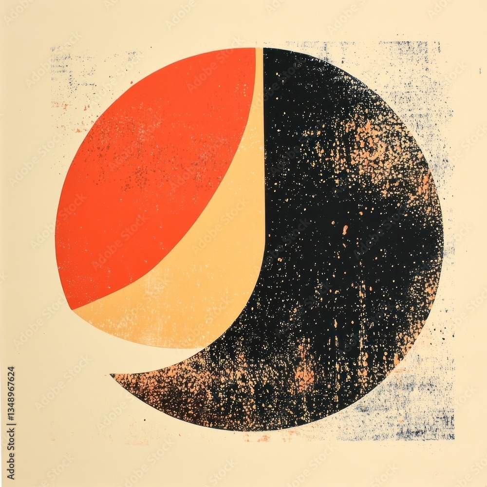 Poster silkscreen illustration of an abstract shape textured design shapes.