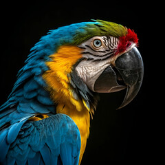 Fototapeta premium Portrait of a macaw isolated on a black surface.