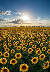 Obraz premium Vast Sunflower Field Sunset Golden Hour. AI Generated