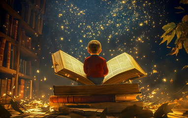 Kid sitted on a giant book traveling between the pages. Magic and fantasy reading. Book day concept.