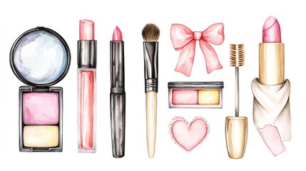 Watercolor makeup collection, illustrated cosmetics, feminine design
