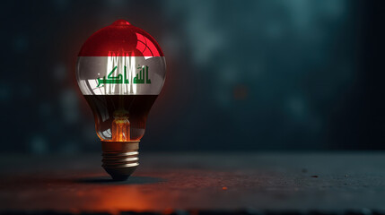 A patriotic concept: A light bulb with the Iraq flag design glowing in the dark, symbolizing ingenuity, technology, and energy independence