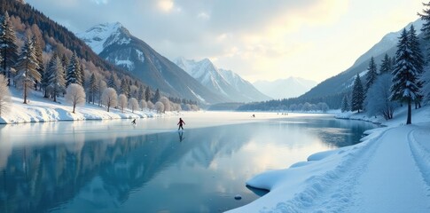 Frozen pond with skaters gliding across the surface, cold climate, natural wonder