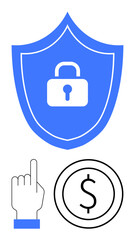Obraz premium Shield with padlock symbolizing security, hand indicating interaction, and coin emphasizing financial safety. Ideal for data protection, online banking, cybersecurity, e-commerce, privacy, secure