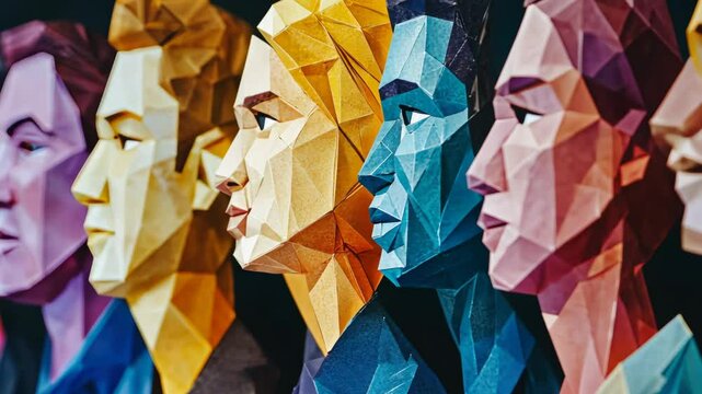 Diverse geometric faces in profile, highlighting racial discrimination concept through colorful low poly art
