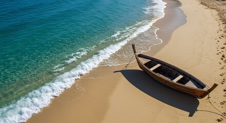 Obraz premium Tranquil beach scene warm sunlight casts long shadows on a small wooden boat. AI Generated