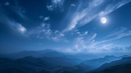 A bright full moon lights up soft clouds floating above towering mountains under a calm night sky.