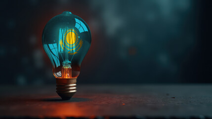 A patriotic concept: A light bulb with the Kazakhstan flag design glowing in the dark, symbolizing ingenuity, technology, and energy independence