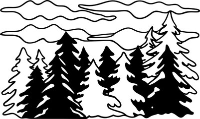 Black and white evergreen forest silhouette with cloudy sky illustrative art