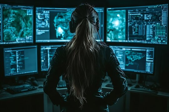 A woman monitoring data on many computer screens in a dark room - Powered by Adobe