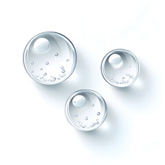Three transparent spheres with bubbles floating on white background
