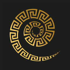 Design element of a golden meander as an exquisite luxurious spiral in the ancient Greek style on a black background