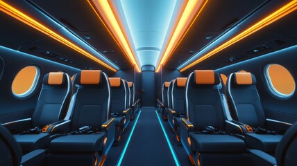 Modern aircraft interior featuring sleek design and vibrant lighting with spacious seating and advanced amenities