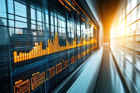 A futuristic display showing data visualization with financial charts and data