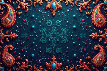 Intricate paisley pattern in rich jewel tones , red, illustration, seamless