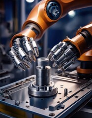 Fototapeta premium Advanced robotic arms meticulously assemble components in a vibrant and modern factory setting.
