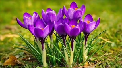 Blooming Purple Crocus Flowers in a Springtime Garden Close-up View