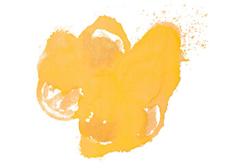 Bright yellow watercolor or ink stain with watercolor marks on transparent background.