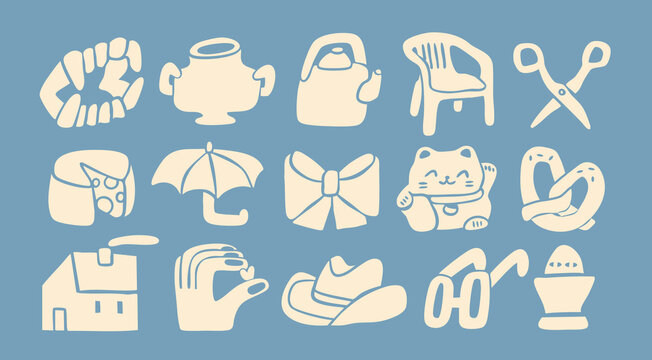 Set of Various white Doodle icons. Different elements. Teeth, pot, chair, scissors, cheese, maneki, pretzel, hat, umbrella, egg etc. Hand drawn trendy Vector illustration. All elements are isolated