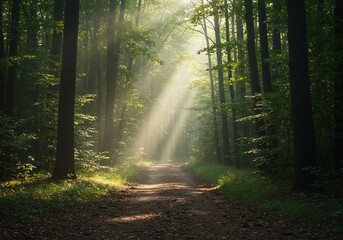Naklejka premium Sunbeams illuminate misty forest path peaceful morning scene. AI Generated