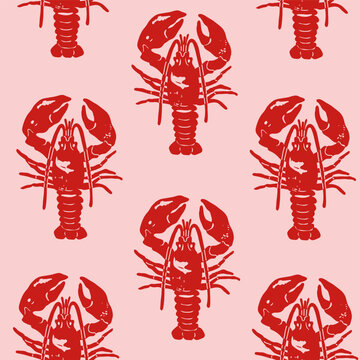 Hand drawn Lobster. Seafood shop, restaurant menu, fish market, banner, poster, print template. Fresh seafood, shellfish product. Trendy Vector illustration. Flat design. Square seamless Pattern