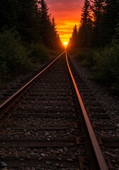 Fototapeta premium Sunset Railroad Tracks Warm Light. AI Generated