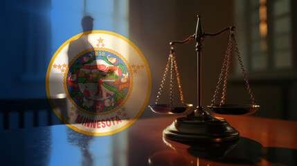 The scales of justice stand in front of the Minnesota flag, symbolizing law, fairness, and the legal system. A concept of democracy and equality.