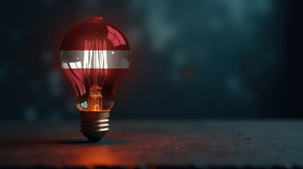 A patriotic concept: A light bulb with the Latvia flag design glowing in the dark, symbolizing ingenuity, technology, and energy independence