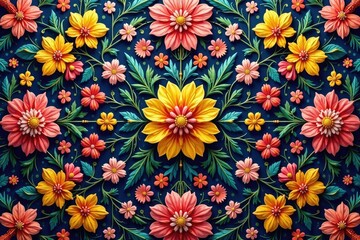 Intricate floral textile design, repeating motif, surface, flower, repeating pattern