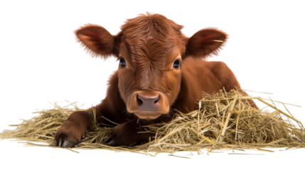 Cute brown calf lying down with greenhay islated