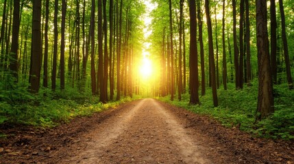 Obraz premium A serene forest path illuminated by sunlight, surrounded by lush greenery and tall trees, inviting tranquility and exploration.