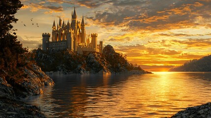 Obraz premium Majestic Castle by the Sea at Sunset