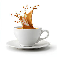 Coffee splashing in a white cup on a white background