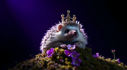 Hedgehog Wearing a Crown on a Mossy Throne