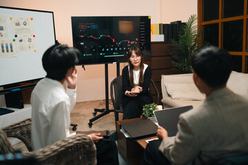 Professional Marketing Team, Diverse Colleagues and Businesswoman Collaborate Meeting, Brainstorming Ideas and Discussing Strategies for Project Planning, Working Together for Successful Corporate