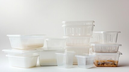 A pile of plastic containers on a blue background ready for packaging food products. All containers are of different sizes and shapes. Industrial food packaging concept background