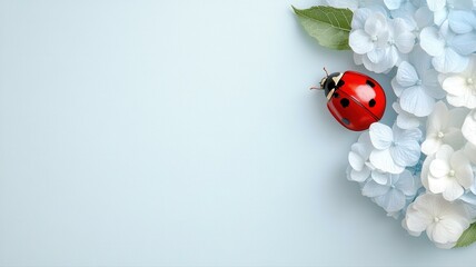 Fototapeta premium Vibrant ladybug on soft blue hydrangea petals creating a serene natural setting with subtle contrast.
