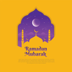 The Ramadan Kareem design features a gold and purple and yellow gradient with windows and lanterns. It is a modern Islamic greeting card and wallpaper, ideal for social media posters and banners.