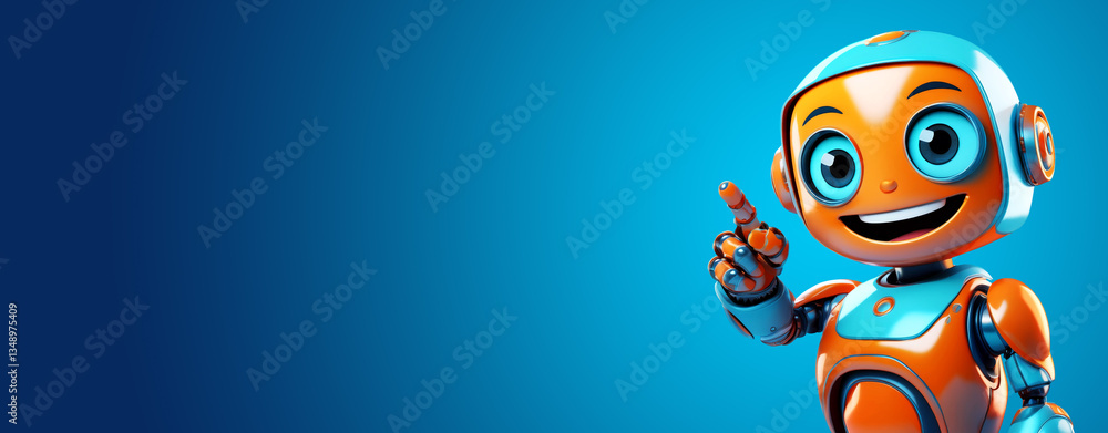 Poster close-up of a cute adorable blue and orange robot with a sleek design pointing enthusiastically an e