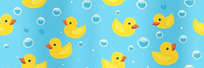 Yellow Rubber Ducks Pattern with Bubbles on Light Blue Background