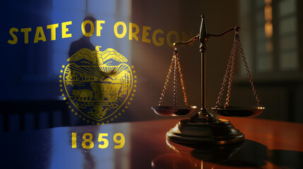 The scales of justice stand in front of the Oregon flag, symbolizing law, fairness, and the legal system. A concept of democracy and equality.