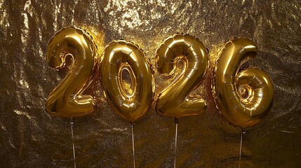 Golden 2026 Foil Balloons Against Shimmering Gold Backdrops for Celebrations