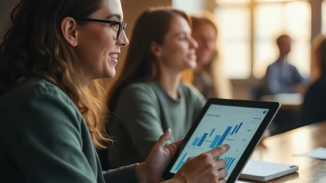 Positive businesswoman discussing charts on tablet with colleagues in bright office setting.