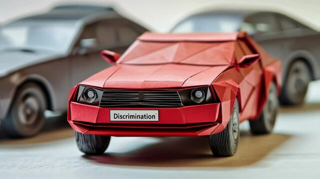 Red paper car standing out amongst grey paper cars as a metaphor for social exclusion and discrimination