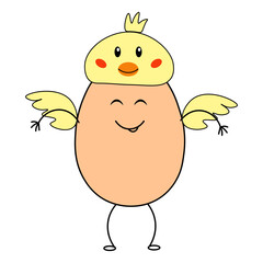 Cute brown Easter egg in yellow chicken costume is smiling. Eyes are closed. Traditional religious holiday is Easter. One icon isolated on  white background. Flat design.