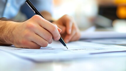 A man is writing with a pen on a piece of paper