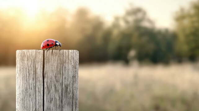 A ladybug perched on a wooden post in a serene natural setting with soft-focus background.
