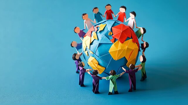 Diverse paper figures holding hands around a globe symbolizing unity and overcoming discrimination